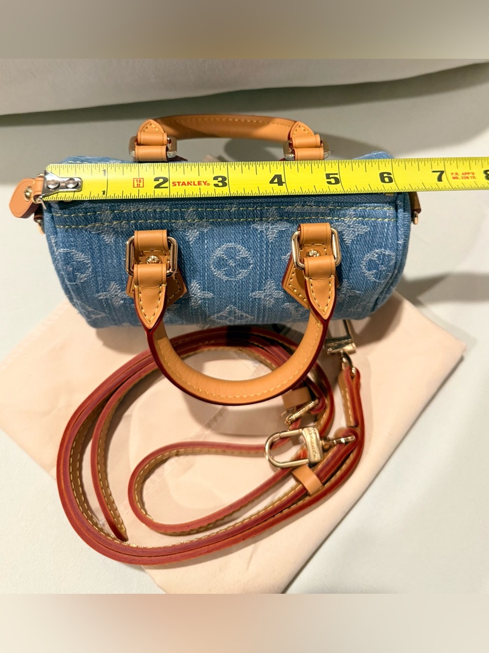Blue Monogram Denim Mini Satchel Leather Trim Adjustable Crossbody Strap - Picture 4 of 6